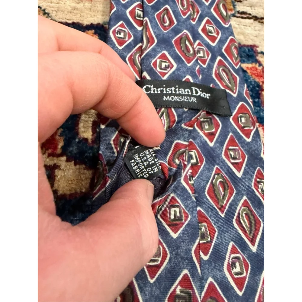 Christian Dior Monsieur Silk Tie Blue Red Geometric Made USA Vintage Neckwear